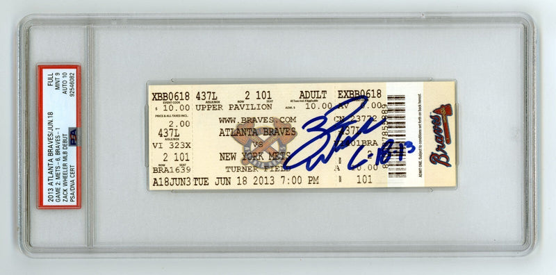 Zack Wheeler Signed Auto MLB Debut Ticket 6/18/2013 w/ Insc PSA 9 MINT 10 Auto