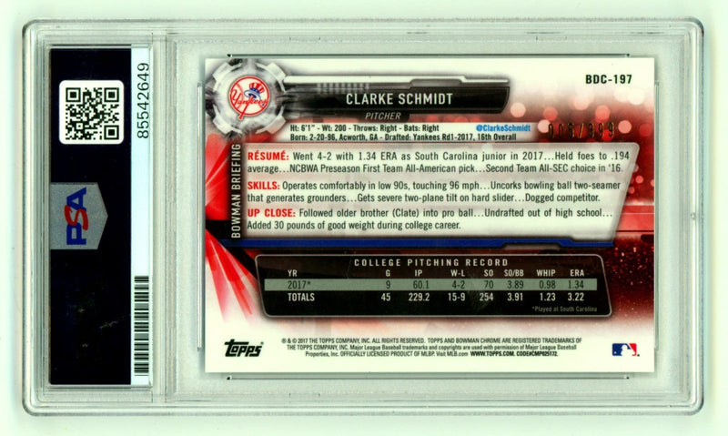 Clarke Schmidt 2017 Bowman Chrome Signed 1st Sky Blue Refractor RC /399 PSA Auto