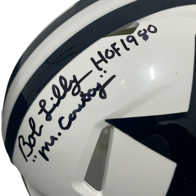 Bob Lilly Signed TB Cowboys Mini Helmet w/ 4 Ins Beckett Witness BAS COA