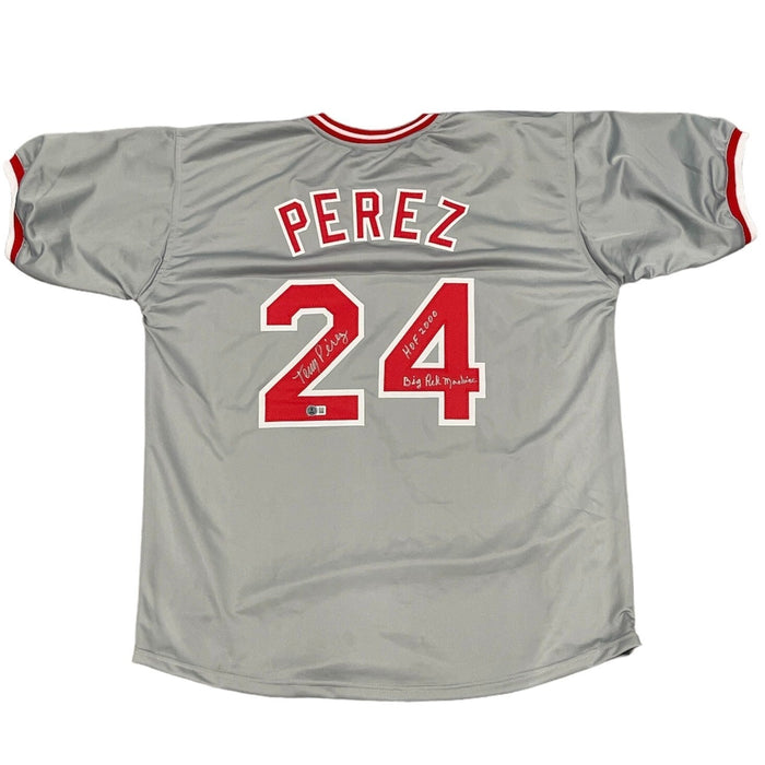 Tony Perez Signed Reds Custom Jersey w/ 2 Ins Beckett Witness BAS COA