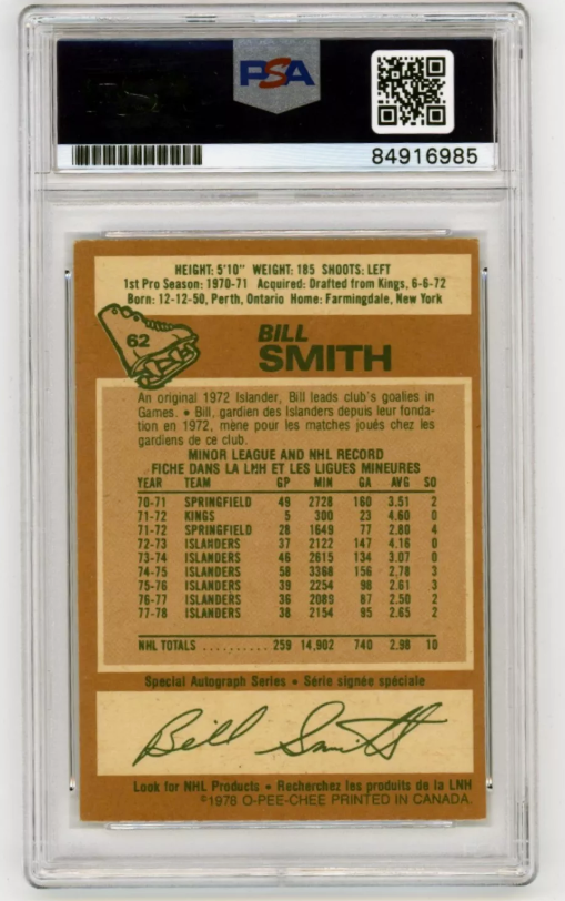 Billy Smith 1978-79 O-Pee-Chee OPC #62 Signed PSA 10 Auto w/ 5 Inscriptions HOF