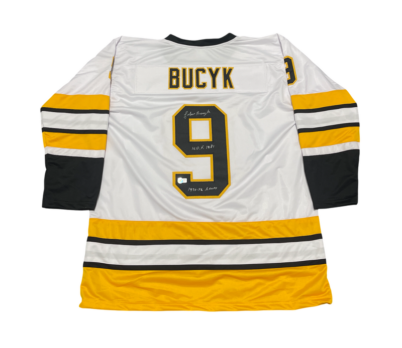 Johnny Bucyk Signed Boston Bruins Custom Jersey w/ HOF + SC Beckett BAS COA
