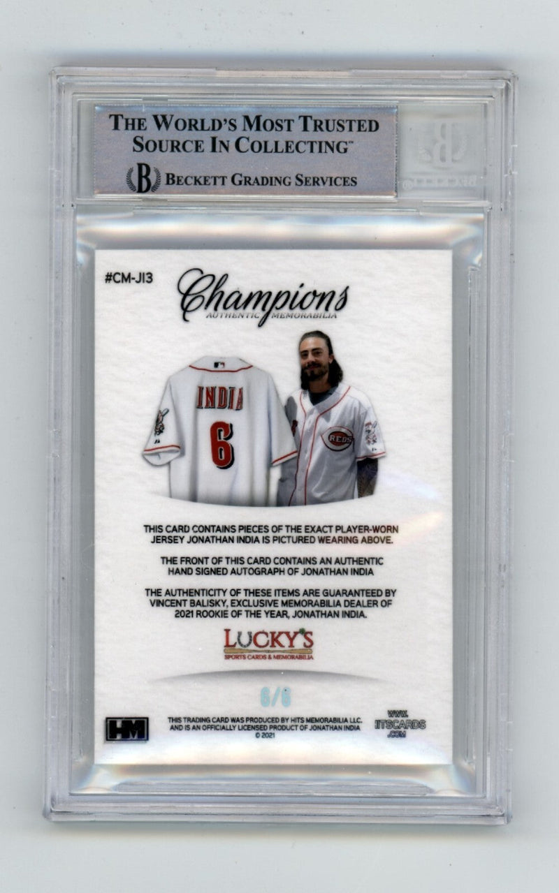 Jonathan India 2021 Hits Memorabilia Champions Patch Dual Auto RC #6/6 BGS BAS