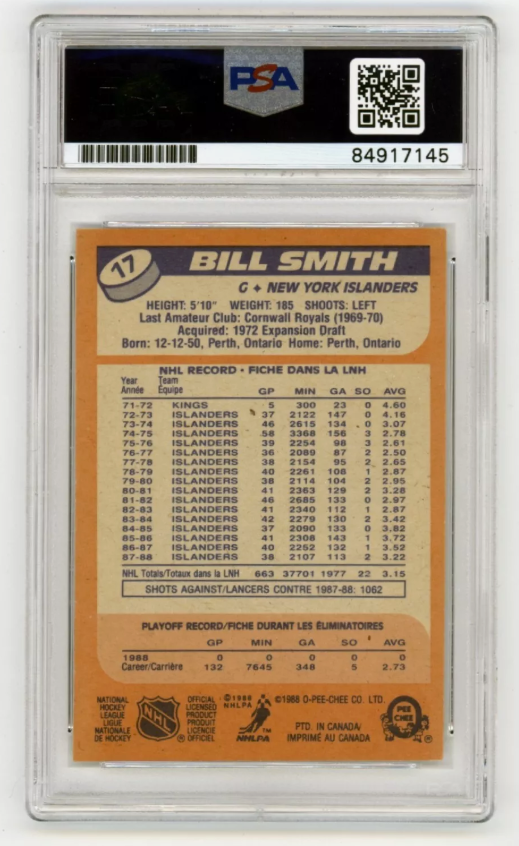 Billy Smith 1988-89 O-Pee-Chee OPC #17 Signed PSA Authentic Auto Black Islanders