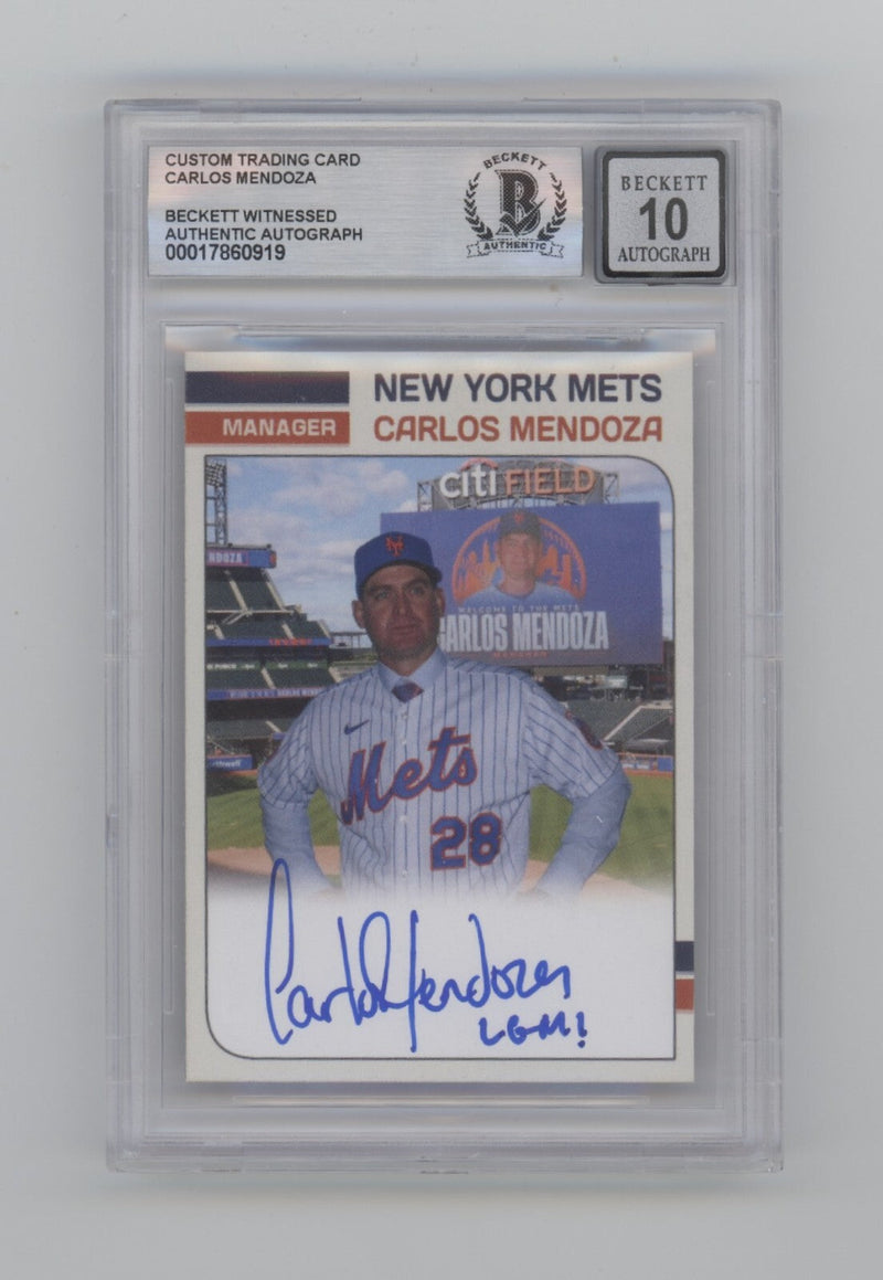 Carlos Mendoza Mets Manager Custom Card Signed w/ LGM! Beckett BGS 10 Auto