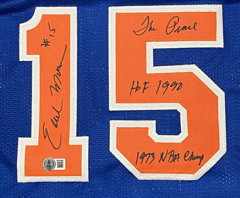 Earl Monroe Signed NY Knicks Custom Jersey w/ 3 Ins Beckett Witness BAS COA