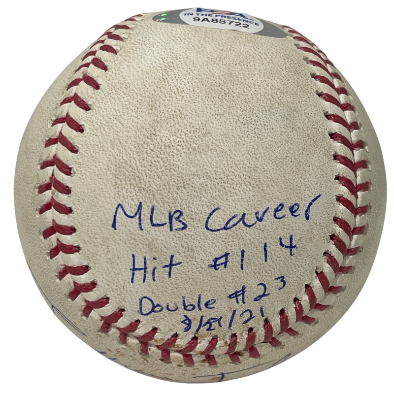 Jonathan India Signed 2021 Rookie Game Used Double Hit Baseball w/ Insc. PSA COA