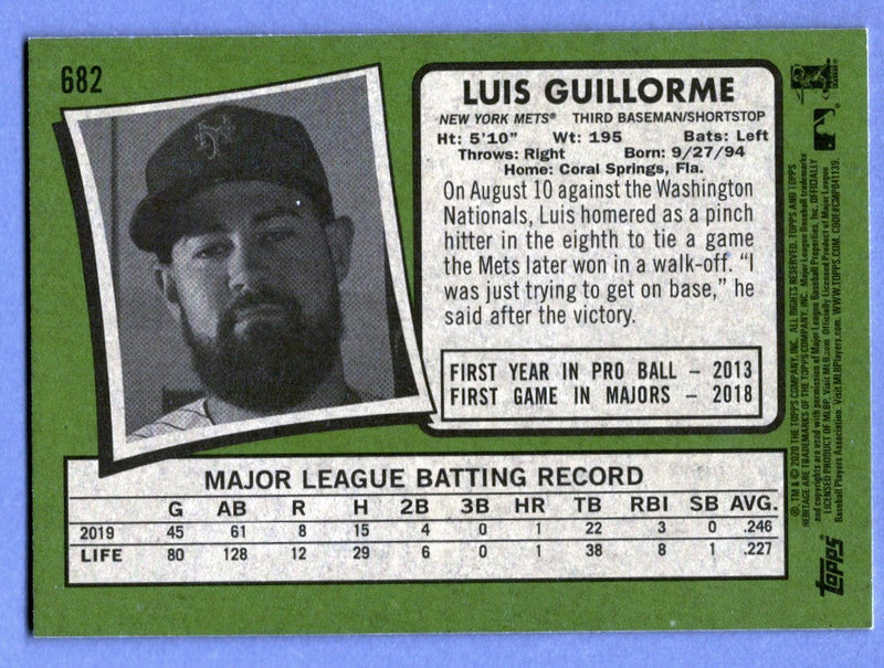 Luis Guillorme Signed 2020 Topps Heritage High Number 682 LSCM COA New York Mets