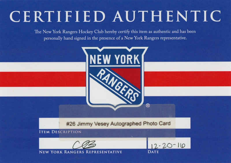Jimmy Vesey Signed Autographed New York Rangers Photo Card NY Rangers COA