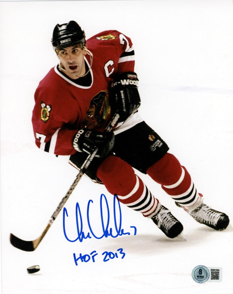 Chris Chelios Signed Blackhawks 8x10 Photo w/ HOF 2013 Beckett BAS Witness COA