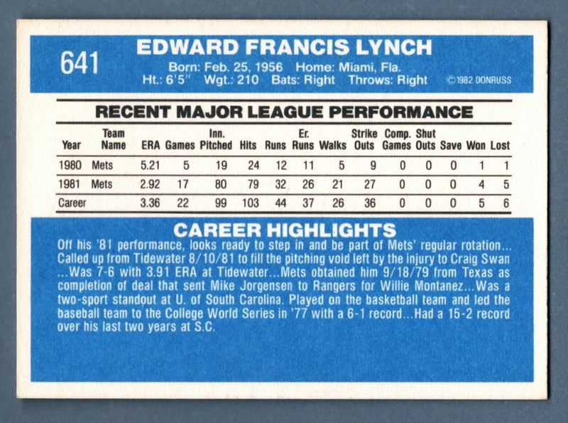 Ed Lynch Signed 1982 Donruss #641 Rookie RC w/ 86 WSC LSCM COA New York Mets