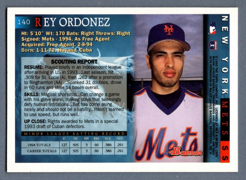 Rey Ordonez Signed Autographed 1995 Bowman #140 Rookie RC LSCM COA New York Mets