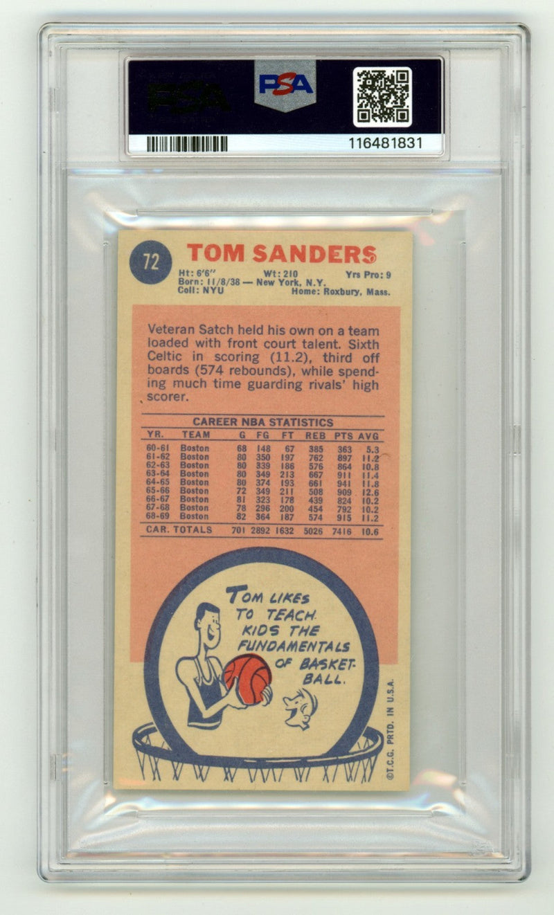 Tom "Satch" Sanders 1969-70 Topps 72 Tall Boy RC 2 Insc Signed Auto PSA 10 Auto