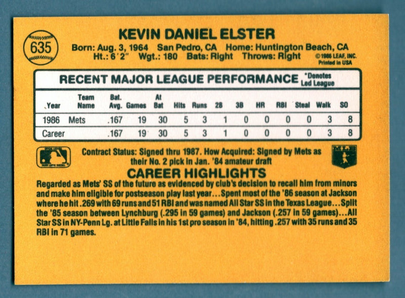 Kevin Elster Signed 1987 Donruss #635 Rookie RC w/ 86 WSC LSCM COA New York Mets
