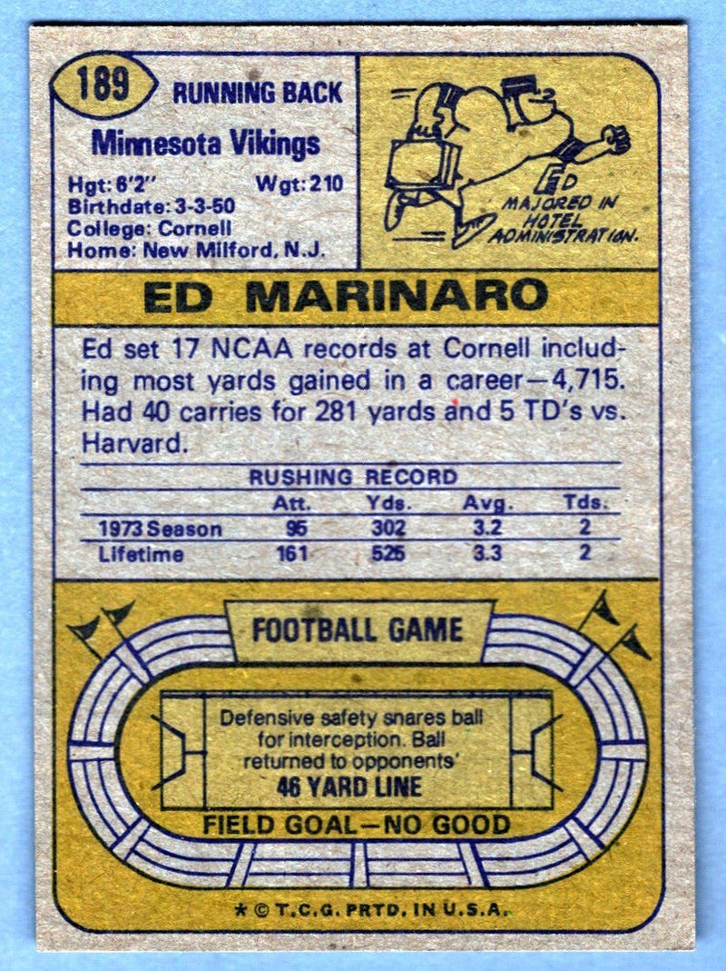 Ed Marinaro Signed 1974 Topps #189 Rookie RC LSCM COA Minnesota Vikings