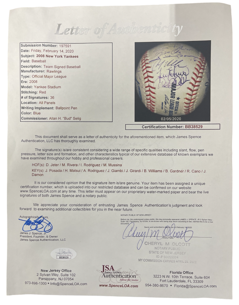 2008 New York Yankees (36) Signed Autographed Final Season Logo Baseball JSA LOA