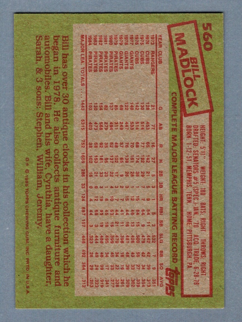 Bill Madlock Signed 1985 Topps Baseball #560 LSCM COA Pittsburgh Pirates