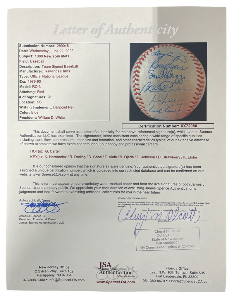 1989 New York Mets Team Signed Autograph ONL National League Baseball JSA LOA A