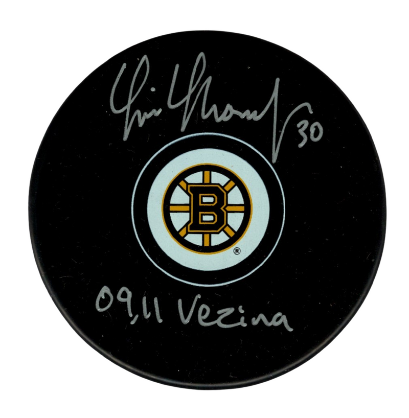 Tim Thomas Signed Auto Boston Bruins Puck w/ 09 , 11 Vezina Beckett Wit. BAS COA
