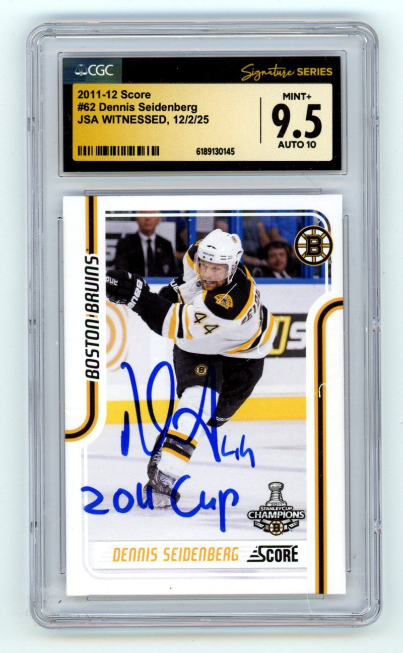 Dennis Seidenberg 2011-12 Score #62 Signed w/ 2011 Cup Insc. JSA CGC 9.5 10 Auto