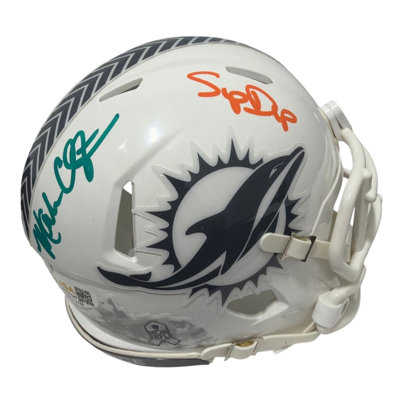 Mark Clayton & Mark Duper Dual Signed Dolphins Salute Mini Helmet JSA Wit COA