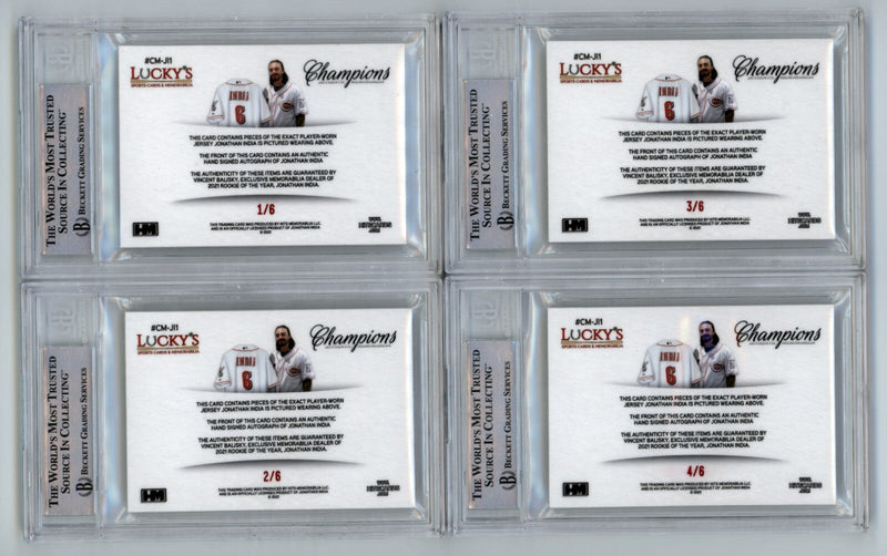 Jonathan India 2021 Hits Memorabilia Champions Red Prime Button Auto RC #/6 BGS