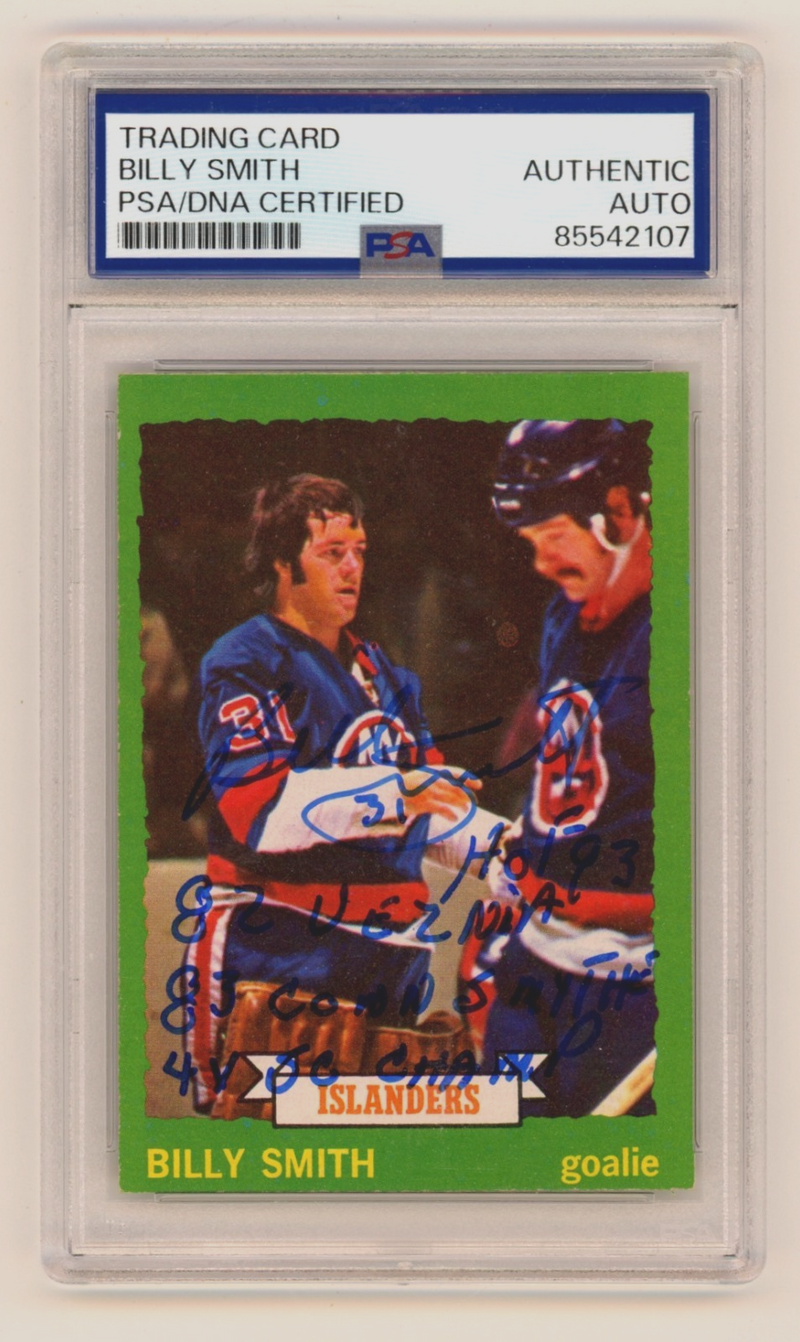 Billy Smith 1973-74 O-Pee-Chee OPC Rookie RC #142 Signed w/ 4 Insc PSA Auto