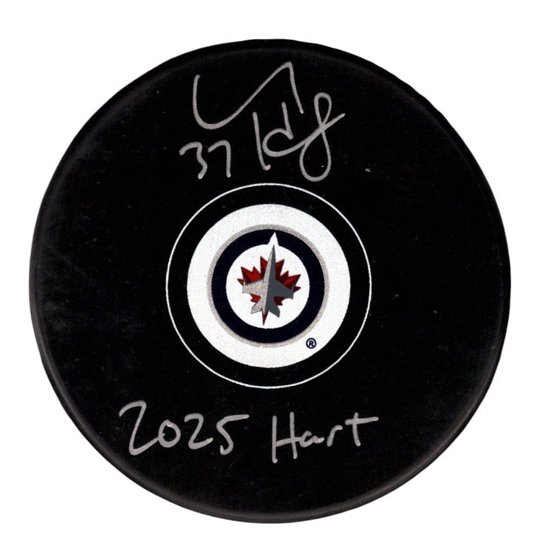Connor Hellebuyck Signed Winnipeg Jets Logo Puck w/ 2025 Hart Insc. Fanatics COA