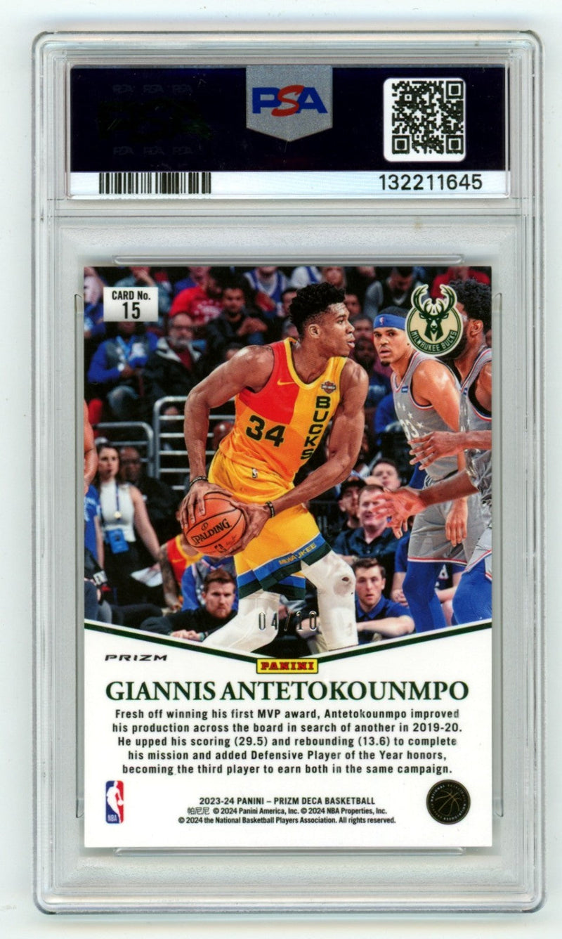 Giannis Antetokounmpo 2023-24 Prizm Deca 15 MVP Gold Prizm Signed #4/10 PSA Auto