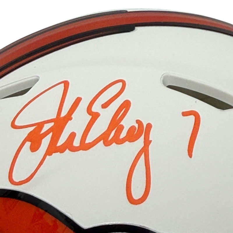 John Elway Signed Denver Broncos Flat White Mini Helmet Beckett Witness BAS COA