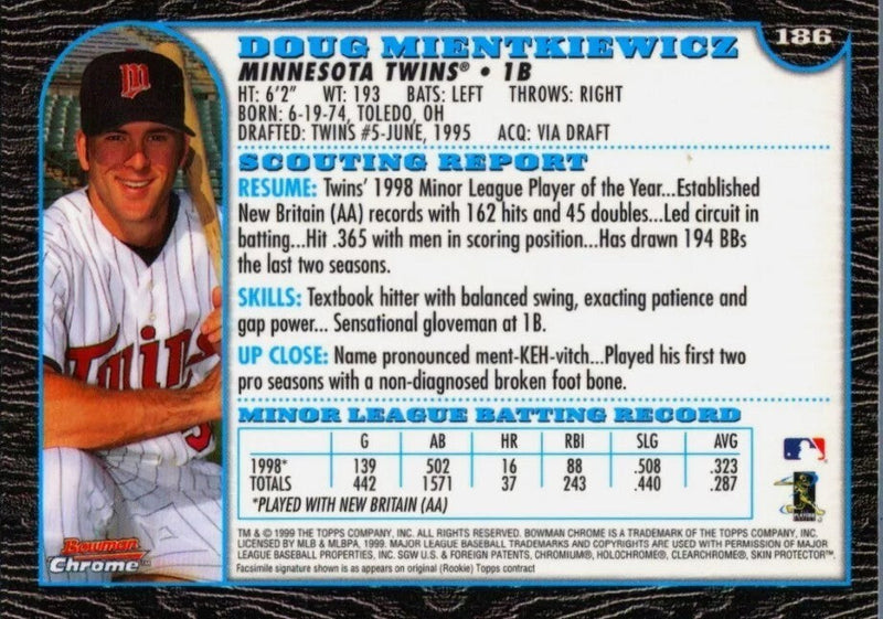 Doug Mientkiewicz Signed Auto 1999 Bowman Chrome #186 RC LSCM COA Twins
