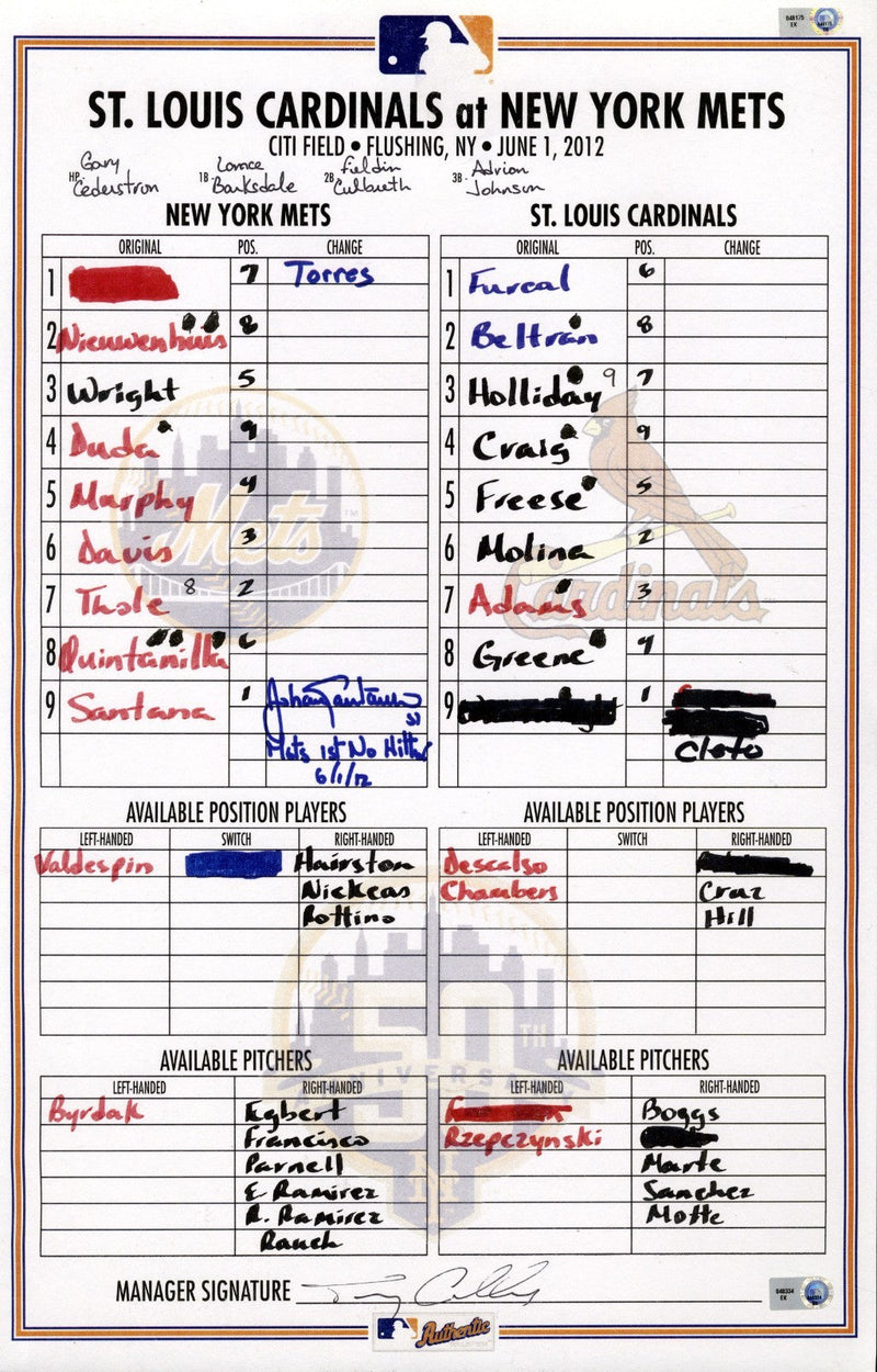 Johan Santana Signed No Hitter Replica Lineup Card w/ Mets 1st No Hitter MLB COA