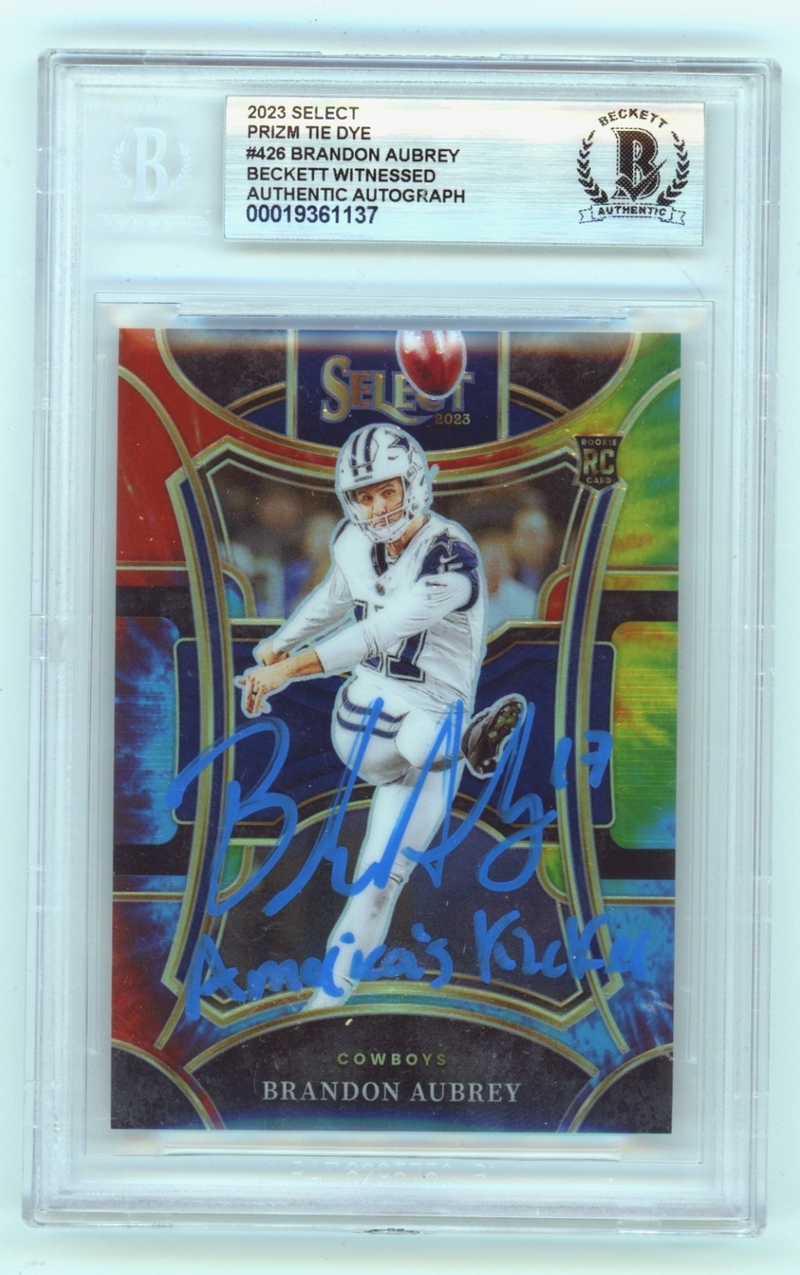 Brandon Aubrey 2023 Panini Select Tie-Dye Prizm Signed w/ Insc. RC #/25 BGS Auto