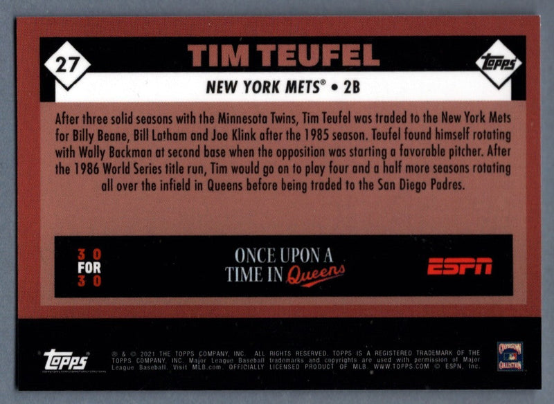 Tim Teufel Signed 2021 Topps Once Upon a Time in Queens #27 B/W LSCM COA