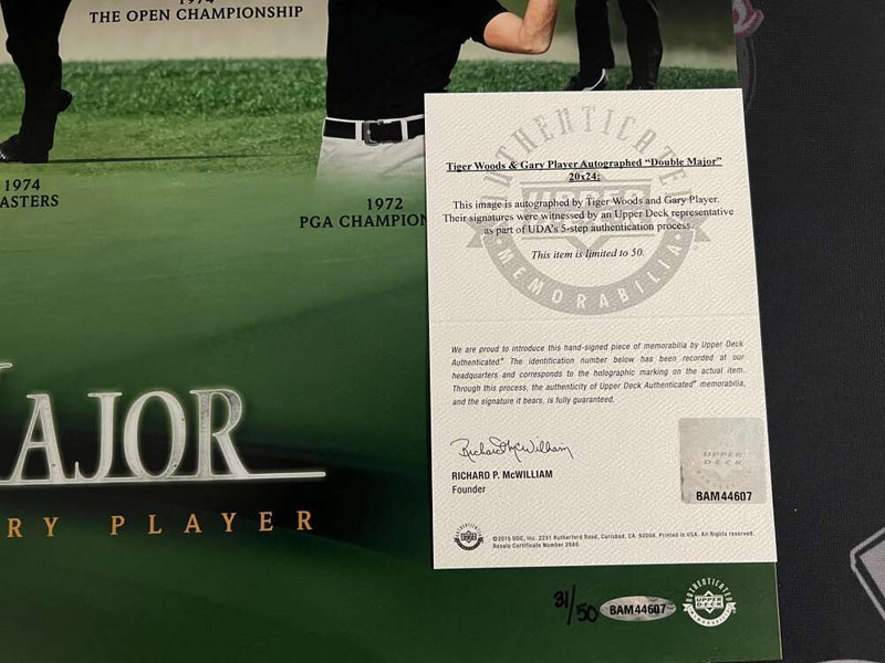 Tiger Woods & Gary Player Signed Auto 20x24 Photo Double Major 31/50 UDA COA