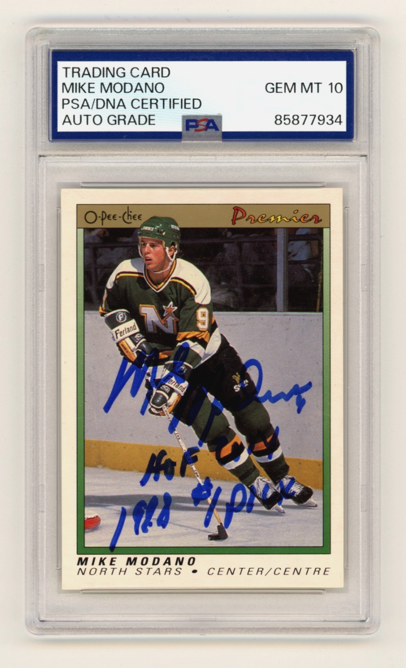 Mike Modano 1990-91 O-Pee-Chee Premier Signed RC w/ 2 Insc. PSA 10 Auto HOF