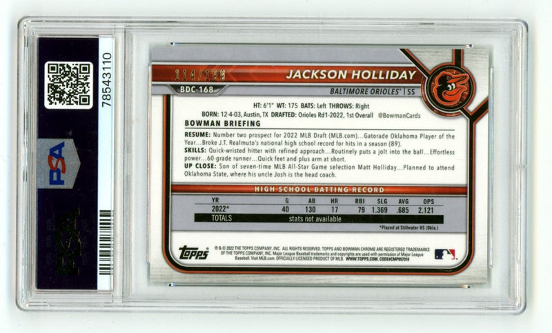 Jackson Holliday 2022 Bowman Chrome 1st Aqua Lava Ref 114/199 Signed PSA 10 Auto