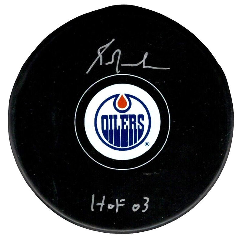 Grant Fuhr Signed Edmonton Oilers Logo Puck w/ HOF 03 Beckett Witness BAS COA