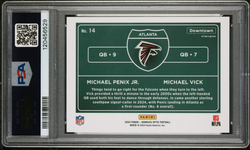 Michael Penix Jr. Michael Vick 2024 Donruss Optic Downtown 14 RC Signed PSA Auto