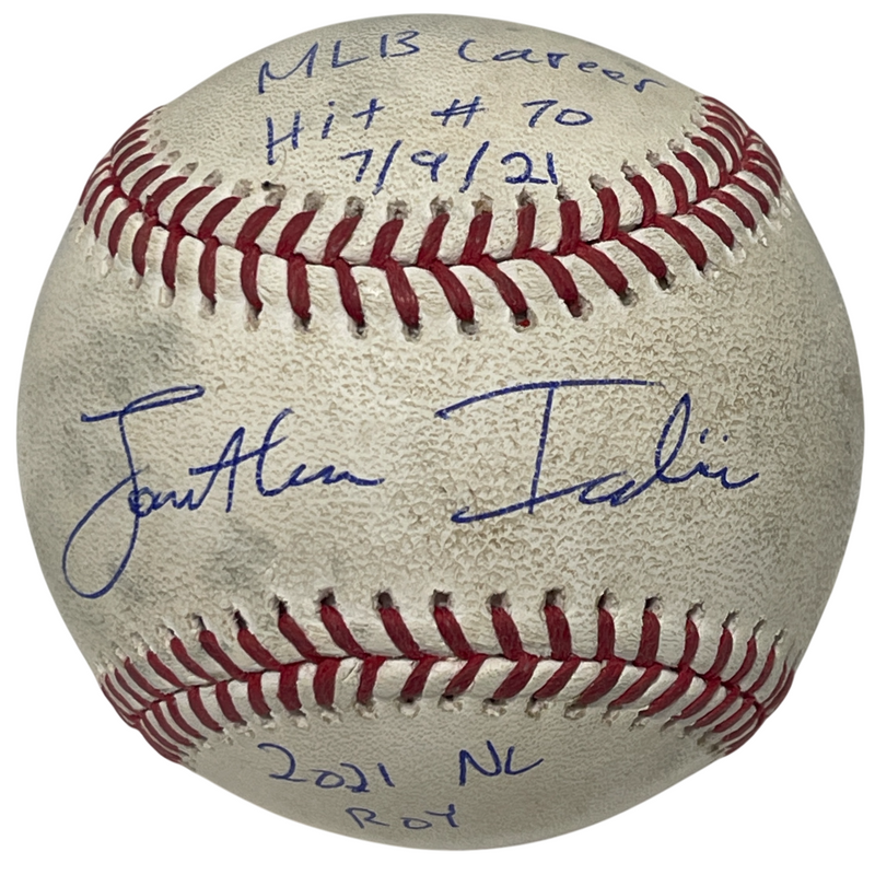 Jonathan India Signed 2021 Rookie Game Used Hit #70 Baseball w/ Insc. PSA COA