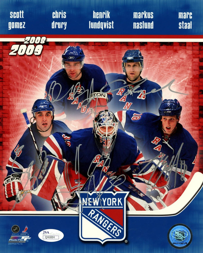 Gomez Drury Lundqvist Naslund Staal Signed 2008-09 NY Rangers Team 8x10 JSA COA