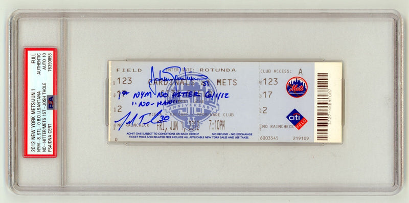 Johan Santana Josh Thole Signed Mets 1st No-Hitter Ticket w/ 2 Insc. PSA 10 Auto