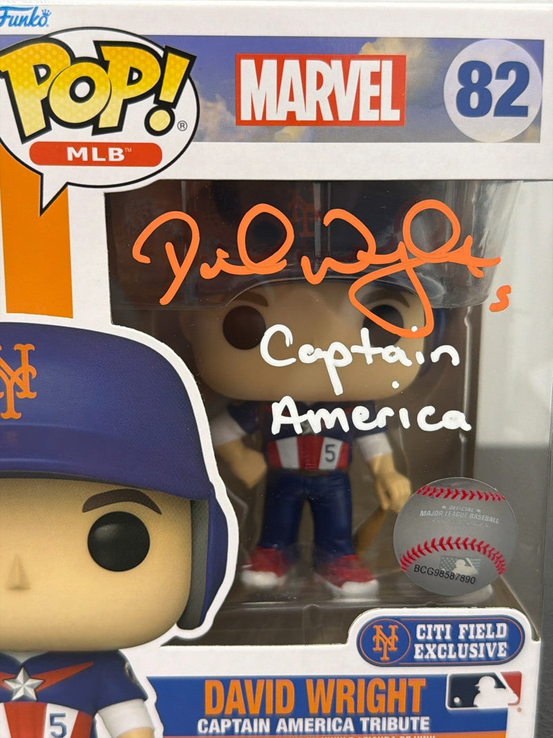 David Wright Signed Citi Field SGA Funko Pop #82 w/ Captain America Insc JSA COA