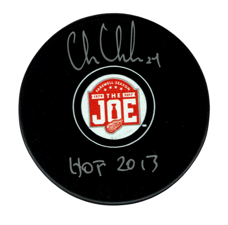 Chris Chelios Signed Auto Red Wings Farewell Joe Puck w HOF 2013 Beckett BAS COA