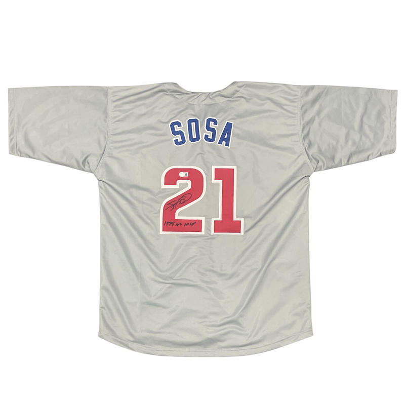 Sammy Sosa Signed Cubs Custom Jersey w/ 1998 NL MVP Beckett Witness BAS COA