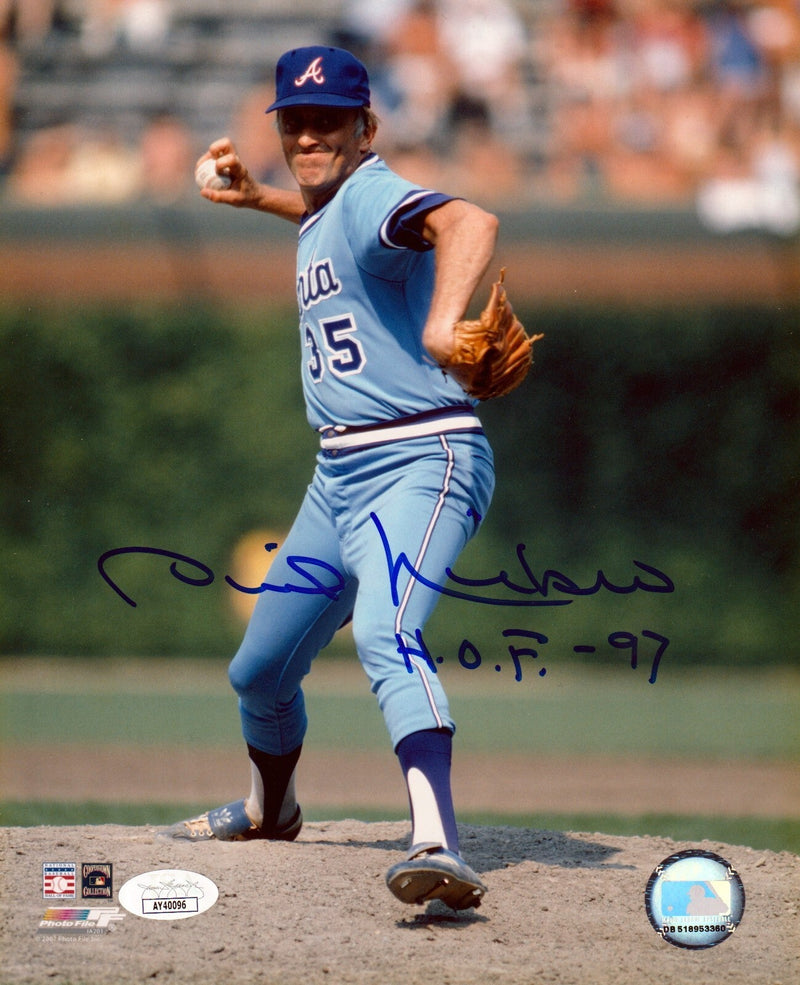 Phil Niekro Signed Autographed Atlanta Braves 8x10 Photo File w/ HOF 97 JSA COA