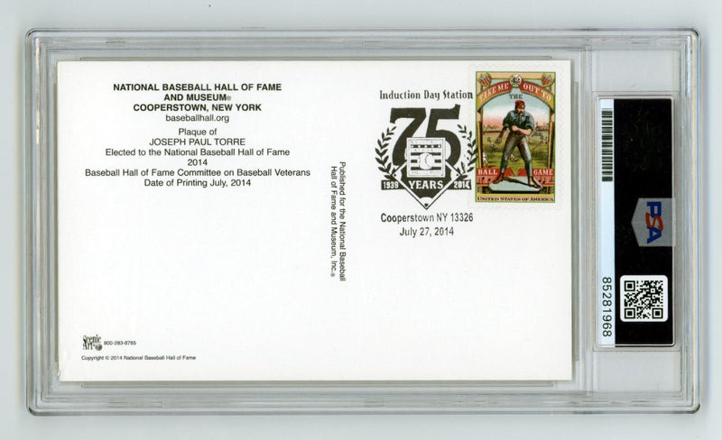 Joe Torre Signed Yellow HOF Plaque Post Card w/ Induction Day Stamp PSA 9 Auto