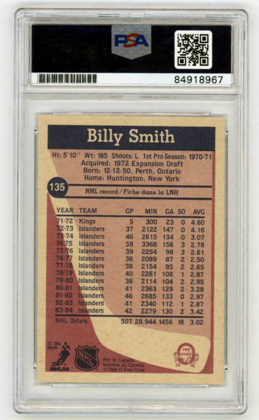 Billy Smith 1984-85 O-Pee-Chee OPC #135 Signed PSA Authentic Auto Blue Islanders