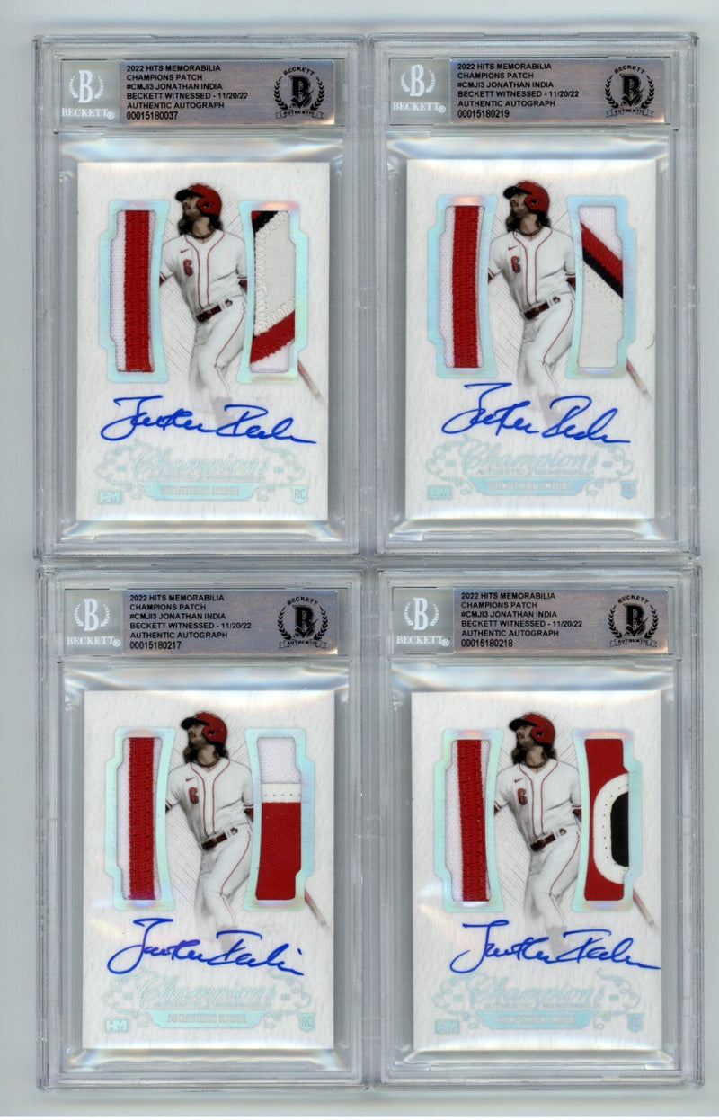 Jonathan India 2021 Hits Memorabilia Champions Patch Dual Auto RC #/6 BGS BAS
