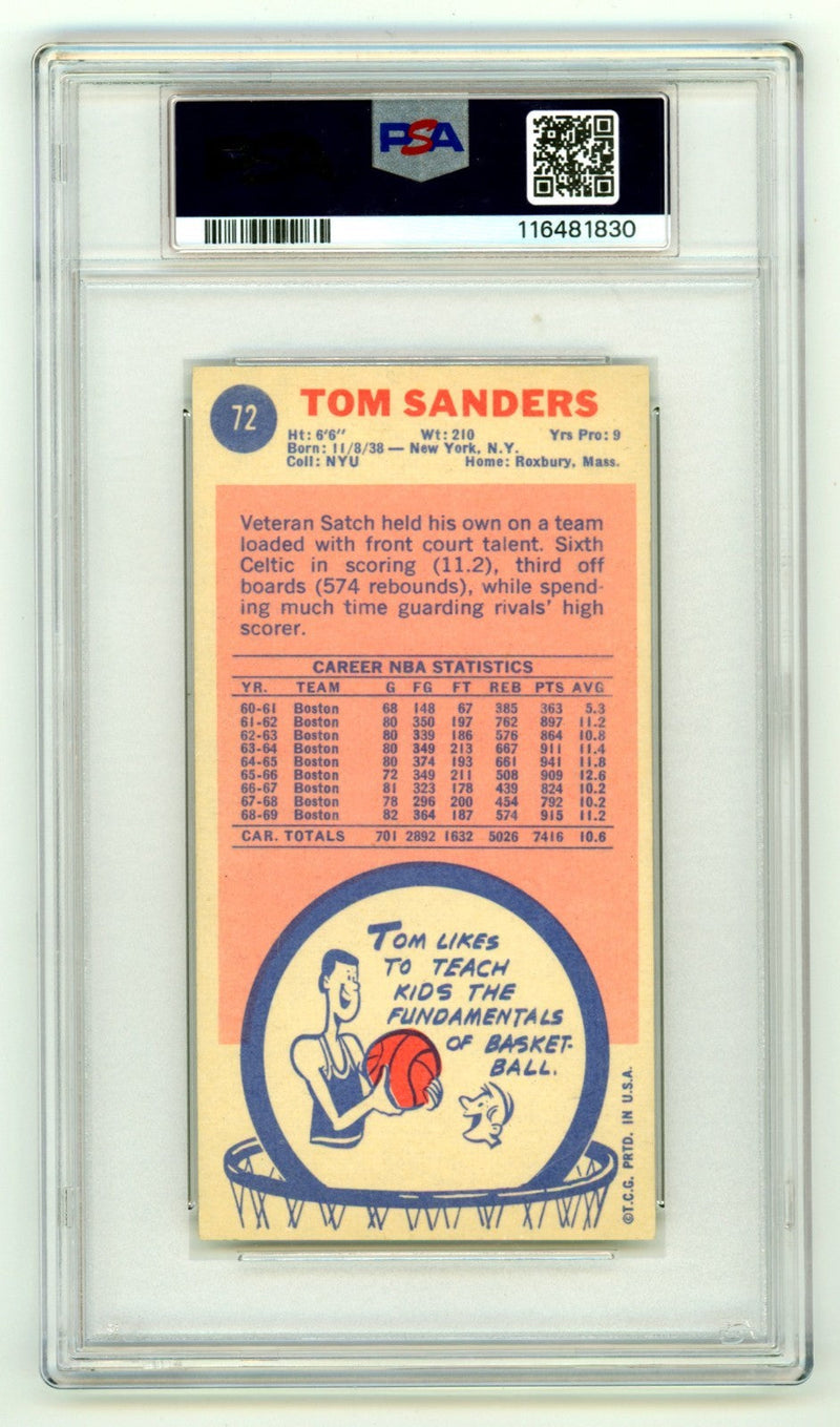 Tom "Satch" Sanders 1969-70 Topps #72 Tall Boy Signed w/ 2 Insc. PSA 10 Auto B